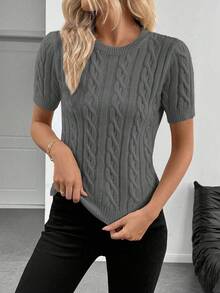 SHEIN Cottnline Blogger-Inspired Twist Rope Decor Round Neck Knit Sweater, Versatile, Autumn/Winter - Grey - View 5