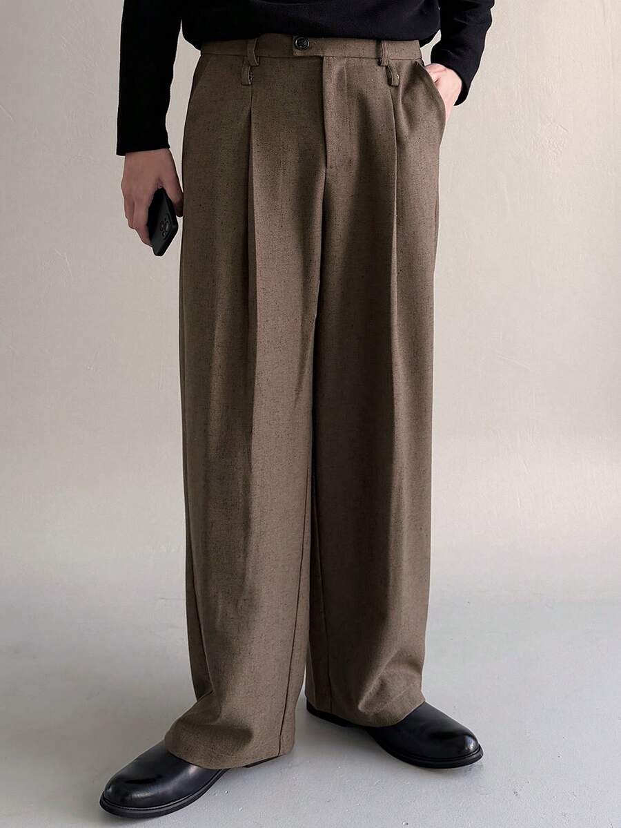DAZY Men's Solid Color High Waist Design Brown Suit Pants, Autumn - Coffee Brown - View 1