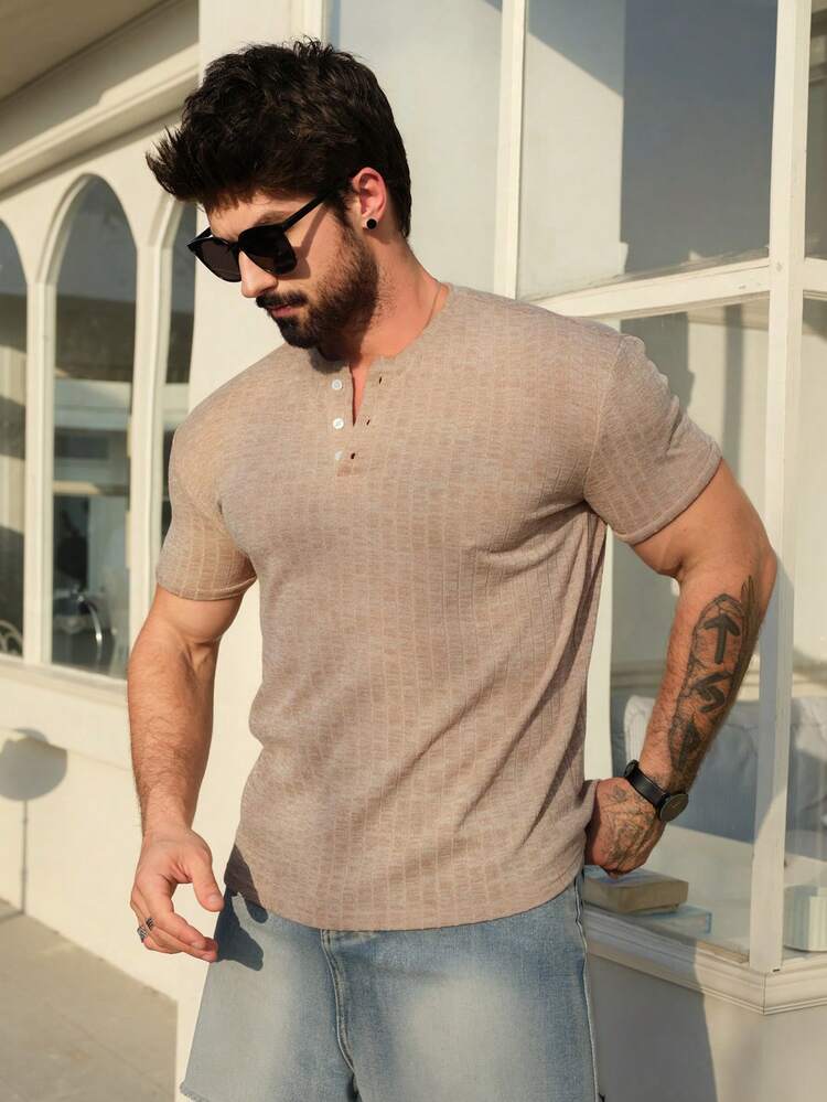 Khaki Men's Button Half-Placket Short Sleeve Casual T-Shirt, Spring/Summer