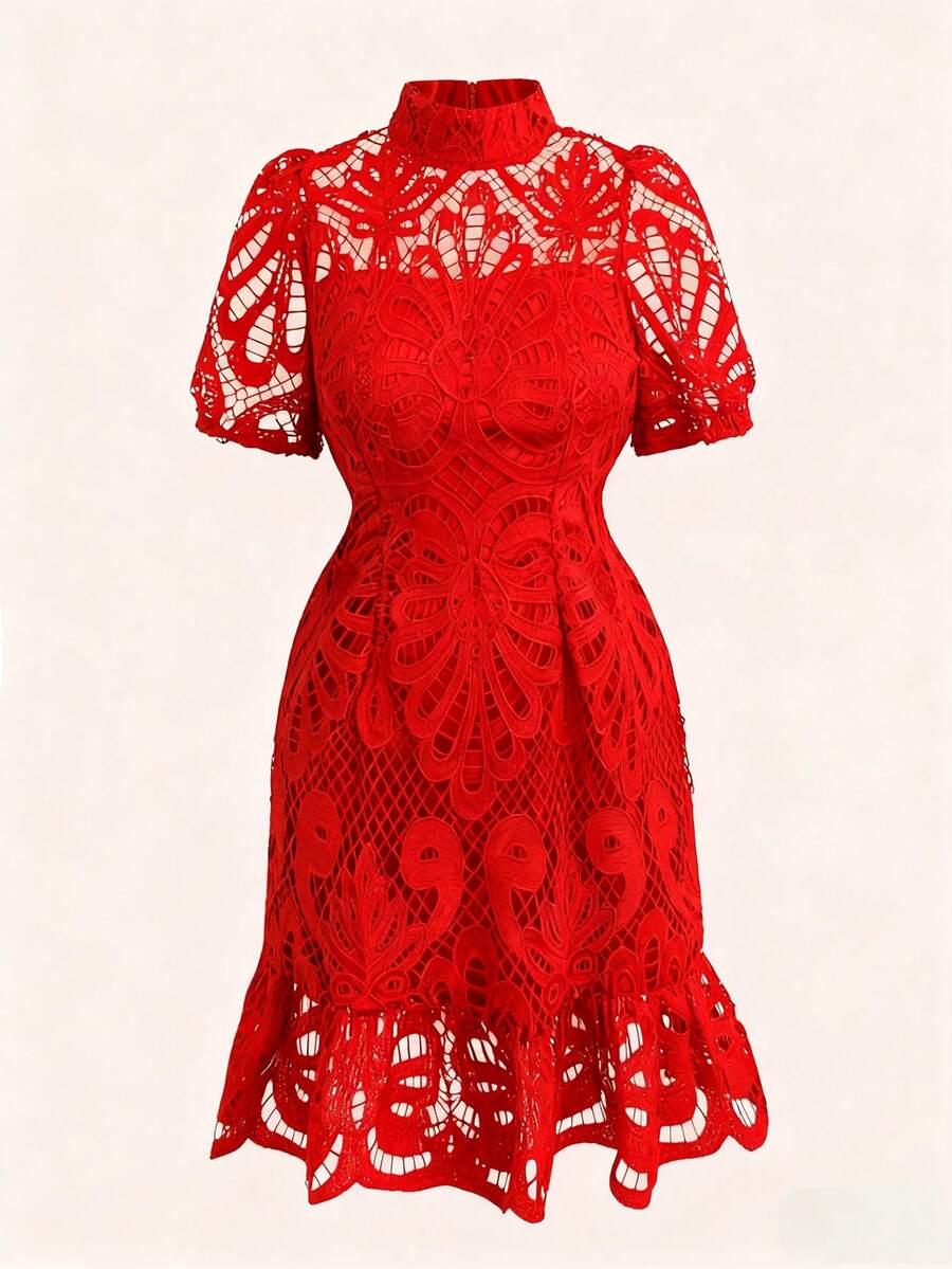 DreamSkyne Plus Size Women's Valentine's Day Lace Hollow Embroidered Elegant Floral Trim Dress - Red - View 1