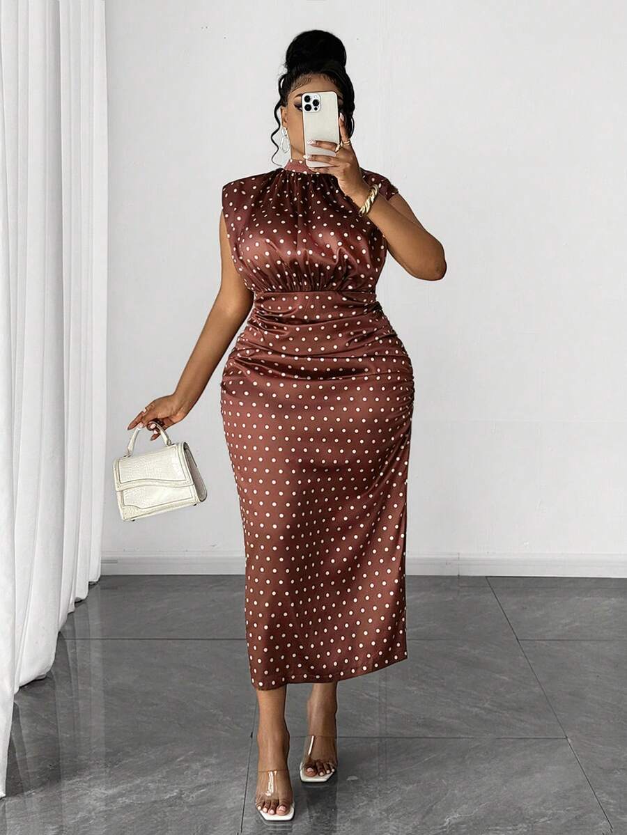 Maweii Plus Size Elegant Polka Dot Print Sleeveless Midi Dress, Suitable For Commuting/Perfect For Dates, Outings.Summer - Multicolor - View 1