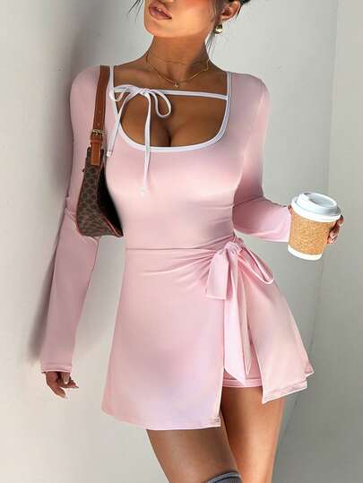 Dewbera Women's Sporty Dress, U-Neck With Contrast Tie, Short Sleeve, U-Back With Tie, 2 In 1 With Shorts And Pockets, Suitable For Casual Wear, Running, Yoga, Gym, Tennis, Golf, Spring/Summer/Autumn