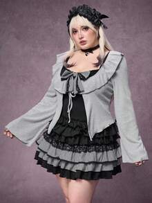 ROMWE Goth 大码哥特风Y2K原宿风蝴蝶结拼接灰黑连衣裙 - 彩色 - 查看 6