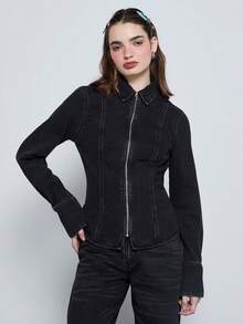 COUREZ Zip Up Light Weight Denim Jacket In Black Wash /Y2K  Women Clothes  Spring Clothes Cute Tops Going Out Top Spring Clothes Chic Top Spring Sexy Festivals Outfit Summer Tops - Black - View 5