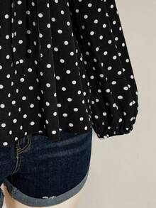 SHEIN ICON 大码女式V领灯笼袖波点印花娃娃衫，复古Y2K风格 - 黑與白 - 查看 8