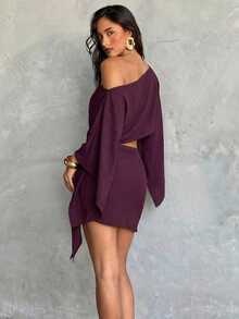 Aloruh 女士新款优雅性感沙滩装，两件套泳衣罩衫套装，纯紫色吊带上衣和系带裹身裙，女士度假装 - 中紫紅色 - 查看 2