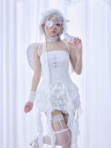 ROMWE Kawaii 女士十字印花不对称荷叶边修身吊带背心 - 白色 - 查看 6