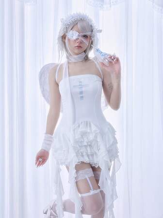 Kawaii Women's Cross Print Asymmetric Ruffle Hem Fitted Camisole