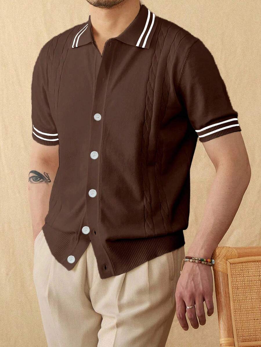 Manfinity Homme 男士条纹短袖单排扣休闲针织上衣 - 咖啡棕 - 查看 1