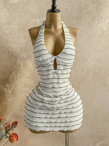 Soleia 春夏新款休闲度假西部海滩婚礼宾客礼服毕业早午餐连衣裙，优雅波西米亚热带风情，情人节蕾丝无肩带露背蝴蝶结迷你连衣裙 - 黑與白 - 查看 5