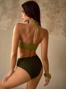 MOTF PREMIUM 1PC CONTRAST COLOR BEADED DECOR HALTER ONE-PIECE SWIMSUIT, VACATION - Green - View 3