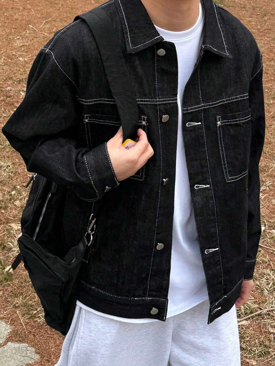 DAZY 男士纯黑色水洗牛仔夹克，春秋季 - 黑色 - 查看 1