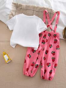 2pcs/Set Girls Casual Versatile Short Sleeve Round Neck Printed T-Shirt + Printed Floral Suspender Shorts, Cute & Fashionable Outfit - Multicolor - View 2