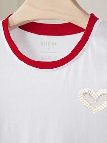 Resyla 撞色滚边仿珍珠刺绣休闲圆领短袖T恤