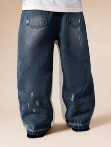 SUMWON Blugi denim pentru băieți, cu croială relaxată, stil Distressed, cu detalii rupte și accente de dungi laterale, pentru ținute casual de zi cu zi - Spălare medie - Vizualizare 2