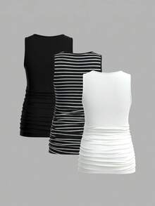 Modmama Bộ 3 áo tank top cổ tròn xếp ly dáng thường ngày dành cho bà bầu - màu đen - Xem 2