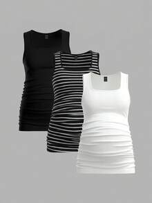 Modmama Bộ 3 áo tank top cổ tròn xếp ly dáng thường ngày dành cho bà bầu - màu đen - Xem 3