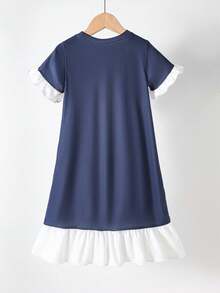 Girls' Mid-Length Dress, Navy Blue With White Ruffled Hem, Cute Pink Rabbit Cartoon Pattern, Casual Comfortable Soft Homewear For Summer - Royal Blue - View 2