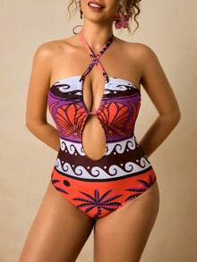 Travachic Áo tắm liền thân cỡ lớn dành cho nữ, in họa tiết hoa nhiệt đới đỏ và tím, kiểu cổ yếm buộc nơ, kiểu dáng khoét eo. - Nhiều màu - Xem 1