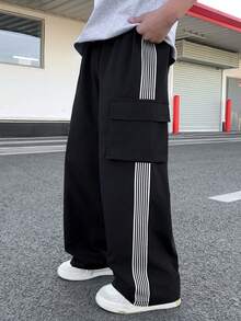 SHEIN 儿童/青少年男童休闲百搭舒适彩色织带字母直筒宽松纯色长裤，适合通勤、上学、日常休闲、旅行、运动，春夏秋冬皆宜。 - 彩色 - 查看 4