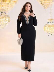 Modelyn Đầm dự tiệc cỡ lớn thanh lịch đính đá lấp lánh, ôm sát người. - màu đen - Xem 2