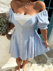 Sunnyshic Sweet & Spicy Striped Casual Waist Cinched Embroidered Ruffle Puff Sleeve Women Dress - Blue - View 7