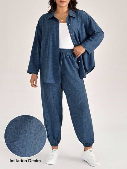 Comfylo Plus Size Casual Commuter Solid Color Shirt & Pants 2 Pieces Set
