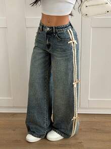 SHEIN PETITE 女士休闲水洗撞色条纹蝴蝶结装饰低腰阔腿牛仔裤，冬季复古街头风新年派对深色水洗牛仔裤 - 深色水洗藍 - 查看 1