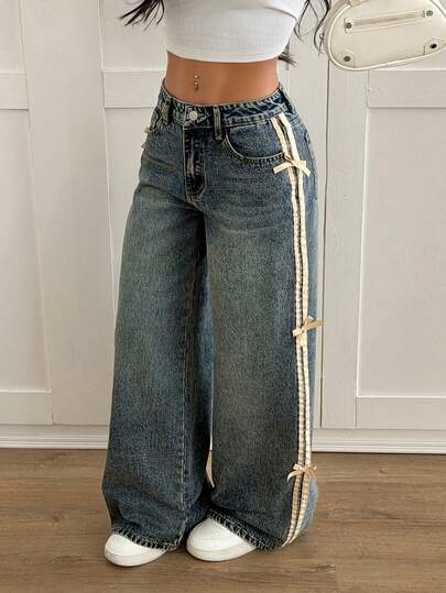 SHEIN PETITE Dam Casual Tvättade Färgblock Randiga Rosettdekor Låg Midja Vida Ben Jeans, Vinter Vintage Streetwear Nyårsfest Mörktvättade Denim Jeans