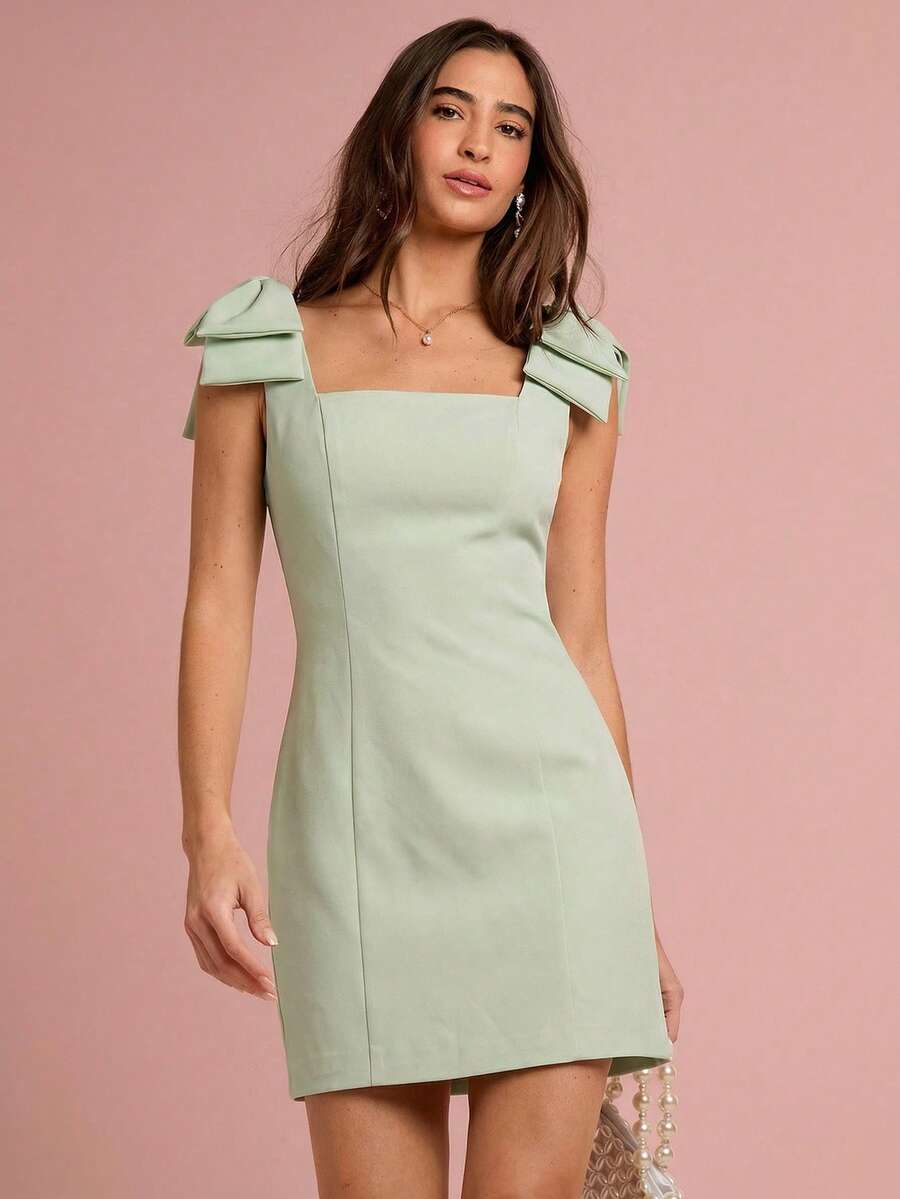 Enchnt Vestido de moda sin mangas con decoración de lazo en los hombros de unicolor para mujer - verde menta - Ver 1