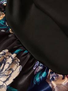 Frida Kahlo X SHEIN 双层升级版护发帽，宽弹力缎面睡眠帽，柔软舒适，适合日常居家和睡眠佩戴，黑色花卉印花，夏季穿搭，春季穿搭，海滩度假，花朵图案