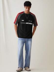 SWAVVY Camiseta de manga corta casual y holgada con estampado de parches y patrones para hombres jóvenes - Negro - Ver 3