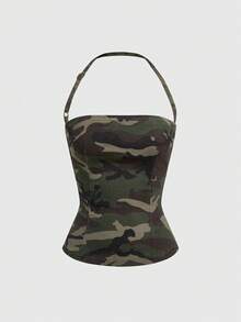 ROMWE Y2K街头风可调节吊带迷彩印花牛仔吊带背心 - 軍綠色 - 查看 1