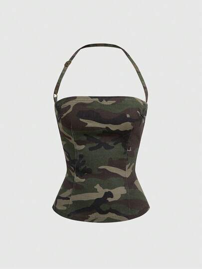 ROMWE Y2K街头风可调节吊带迷彩印花牛仔吊带背心