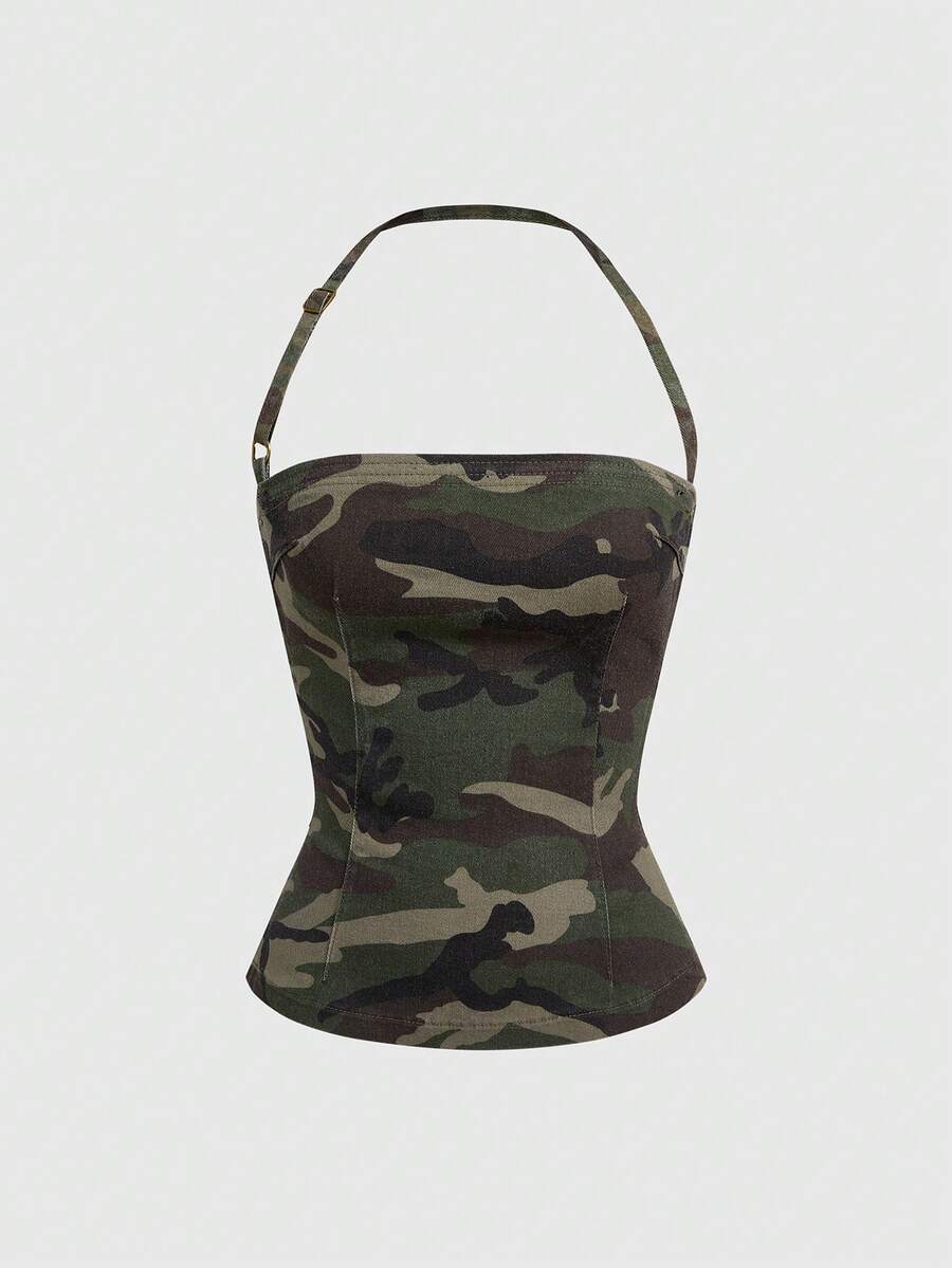 ROMWE Y2K街头风可调节吊带迷彩印花牛仔吊带背心 - 軍綠色 - 查看 1