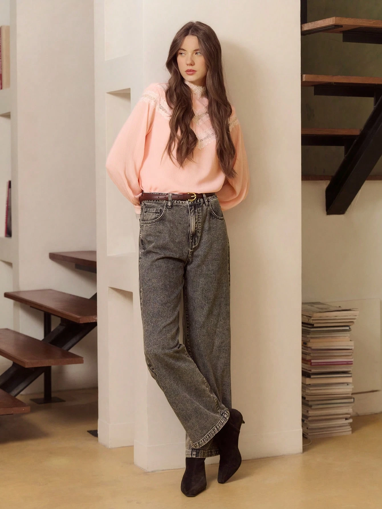 Rosa Chiffon Bluse mit cremefarbener Spitze mit Wimperndetails, romantisch-bohemian