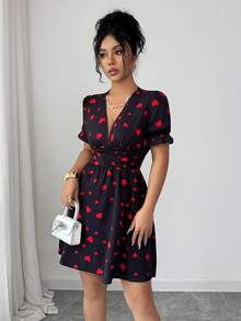 Elenzga Women's Elegant Heart Print V-Neck Ruffle Sleeve Waist Cinched Midi Dress, Summer - Multicolor - View 4