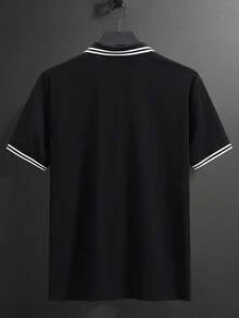 Manfinity Homme Men's Casual/Office Versatile Contrast Striped Trim Short Sleeve Polo Shirt, Summer - Black - View 2