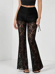 SHEIN Tall Women's Retro Side Drawstring Street Fashion Slim Fit Lace Flared Pants