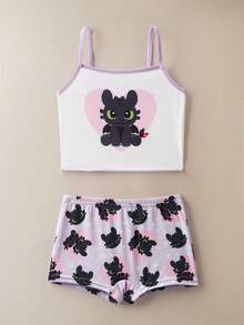 SHEIN How to Train Your Dragon Young Girl Cute Cartoon Heart Print Ringer Camisole Top And Boxy Panty Underwear Set - Baby Pink - View 1