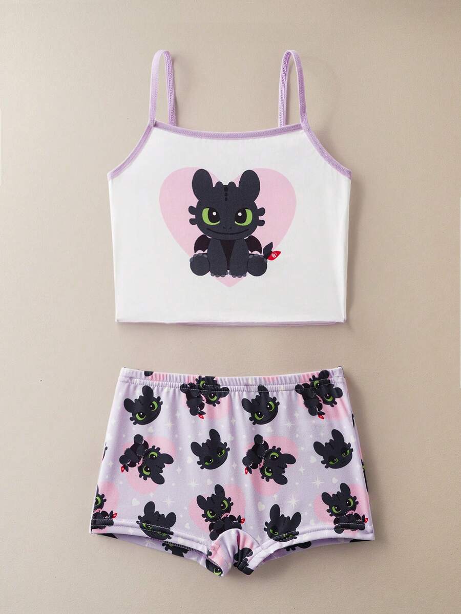 SHEIN How to Train Your Dragon Young Girl Cute Cartoon Heart Print Ringer Camisole Top And Boxy Panty Underwear Set - Baby Pink - View 1