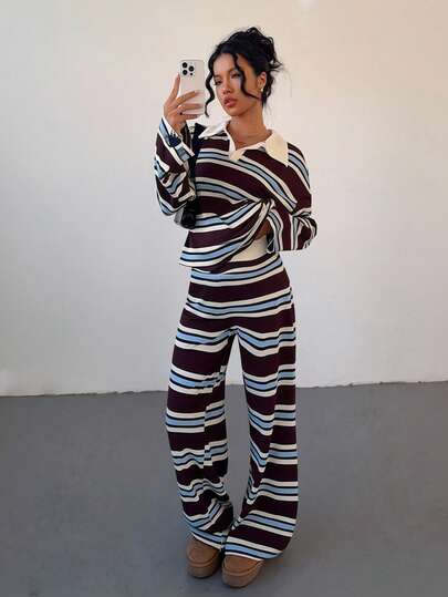 Siren Gaze Autumn/Winter Popular Brown & Blue Striped Loose Casual Suit For Women Striped Two Piece Set Casual Two Piece Set Comfortable Two Piece Set Two Piece Set Women Comfy Brown 2 Piece Set Spring