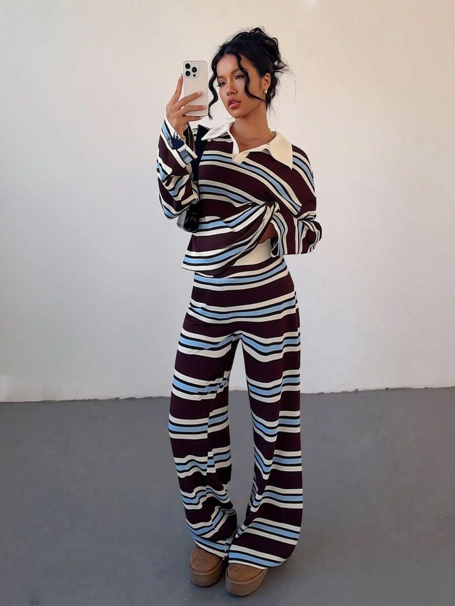 Siren Gaze Bộ đồ vest dáng rộng sọc nâu xanh phổ biến mùa thu/đông dành cho nữ - màu nâu - Xem 1