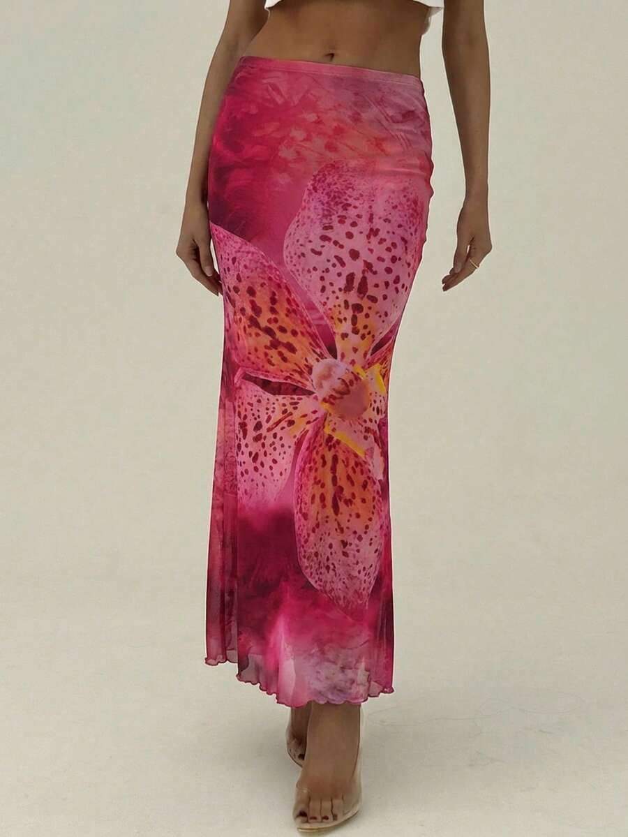 Aloruh 女士春季新款优雅印花弹力网纱半身裙，浪漫粉色大碎花鱼尾长裙，情人节，粉色半身裙 - 粉色 - 查看 1