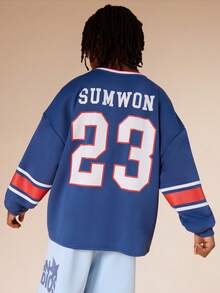 SUMWON Long Sleeve Crew Neck Sweatshirt With Contrast Striped Sleeves And Back Number Print For Boys Fall Winter Casual Wear Vacation - Navy Blue - View 1