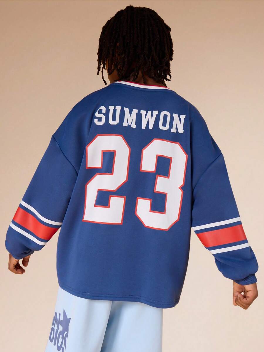 SUMWON Long Sleeve Crew Neck Sweatshirt With Contrast Striped Sleeves And Back Number Print For Boys Fall Winter Casual Wear Vacation - Navy Blue - View 1