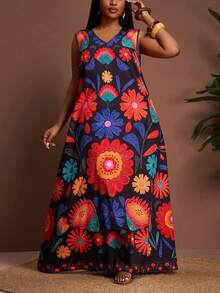 Veslaya 2026 早春新款大码女装，适合音乐节、复活节、西部风情、游牧风、生日派对、毕业典礼、学校、学生、日常穿着、百搭基础款、休闲、度假、邮轮旅行、海滩、日光浴、爆款、街头风、婚礼宾客波西米亚风、通勤、早午餐、机场、派对、假日郊游、优雅晚宴、舞会、通勤、休闲、高端优雅无袖A字印花连衣裙 - 彩色 - 查看 9