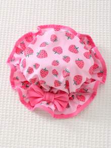 Cozy Pixies Baby Girl Round Neck Zipper Strawberry Print Ruffle Splice Vacation Beach Long Sleeve Swimsuit