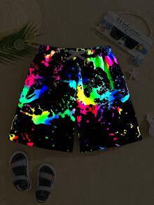 SHEIN Teen Boy Drawstring Waist Graffiti Print Casual Versatile Beach Swim Shorts - Multicolor - View 5
