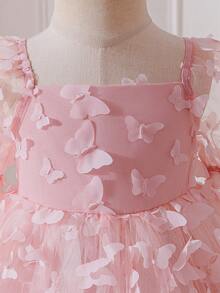 One-Piece Baby Girl 3D Bow Woven Princess Sleeve Dress, Suitable For Parties, Outings, And Other Occasions. Pink Toddler Butterfly Dress Pink Princess Dress Babygirl Princess Puffy Dress Pink Bow Dress Pink Flower Girl Dress - Pink - View 9